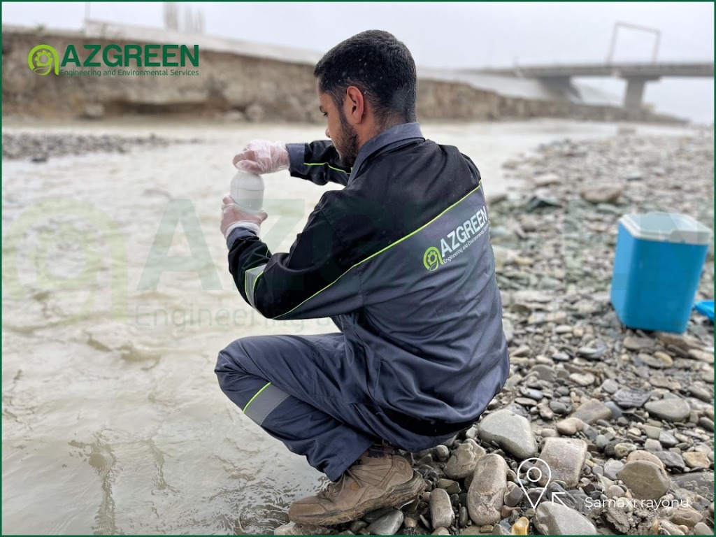 AZGREEN specialist collecting water samples in Shamakhi District